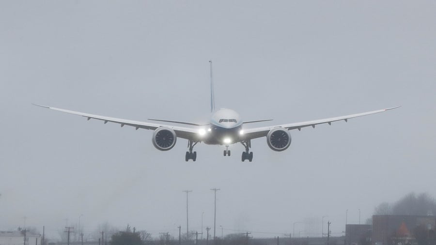 A Boeing 777X airplane lands after its first test flight at the company's facility in Seattle, Washington. Credit: Reuters Photo