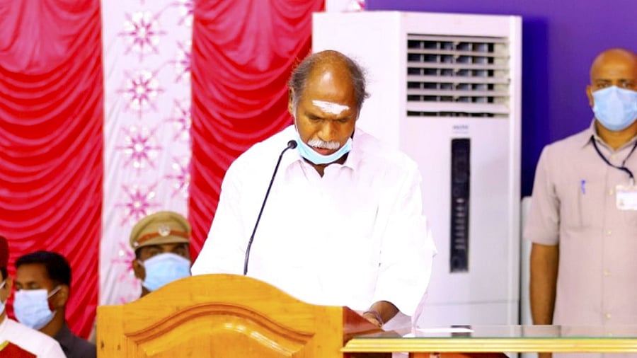 Puducherry NR Congress leader N Rangasamy being sworn-in Puducherry Chief Minister, at a ceremony in Puducherry. Credit: PTI file photo