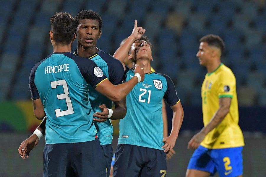 Ecuador's players celebrate after the Conmebol Copa America 2021 football tournament group phase match against Brazil at the Olympic Stadium in Goiania, Brazil. Credit: AFP Photo