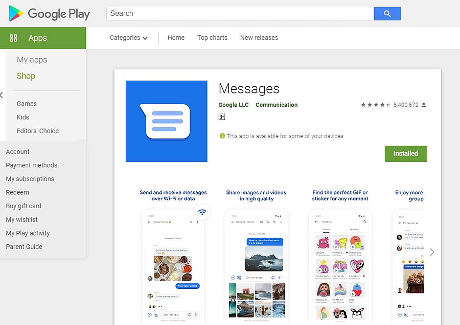 Messages app for Android on Google Play Store (screen-grab)