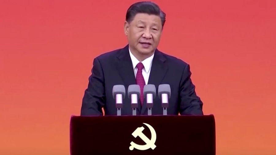 Chinese President Xi Jinping speaks at the medal award ceremony marking the 100th founding anniversary of the Communist Party of China, at the Great Hall of the People in Beijing, China in this still image taken from a video released June 29, 2021. Credit: CCTV via Reuters
