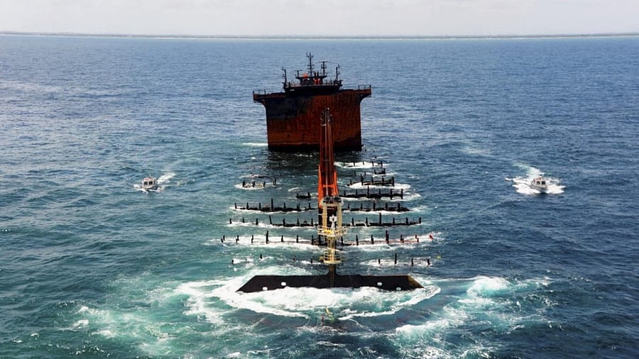 On Govt of Sri Lanka request Indian Navy’s Hydrographic Survey ship INS Sarvekshak carrying out extensive underwater survey around MV Xpress Pearl which sank earlier this month. Large number of submerged objects detected. Credit: PTI Photo