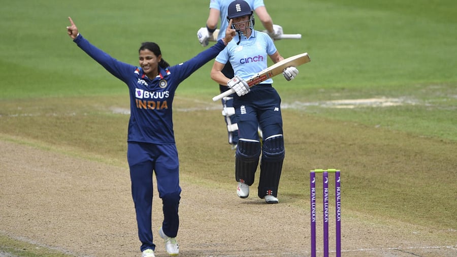 India's Sneh Rana celebrates the wicket of England's Lauren Winfield-Hill during their One Day International cricket match at New Road One, Worcester, England. Credit: AP Photo