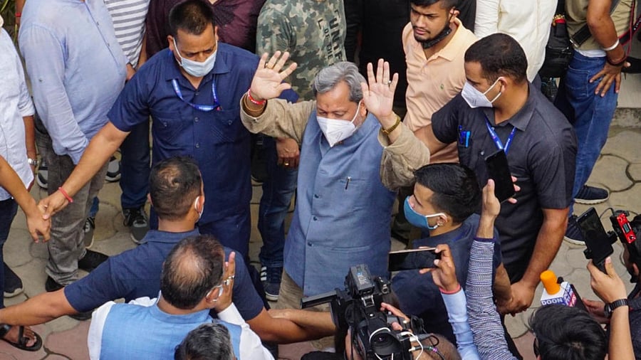 Former CM Tirath Singh Rawat leaves after a meeting at the BJP office in Dehradun, Saturday, July 3, 2021. Credit: PTI Photo