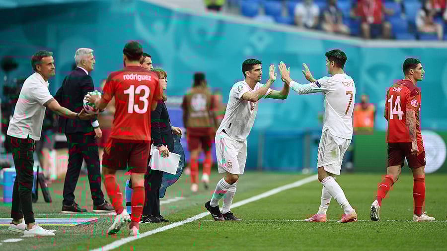 Spain's Gerard Moreno comes on as a substitute to replace Alvaro Morata. Credit: Reuters Photo