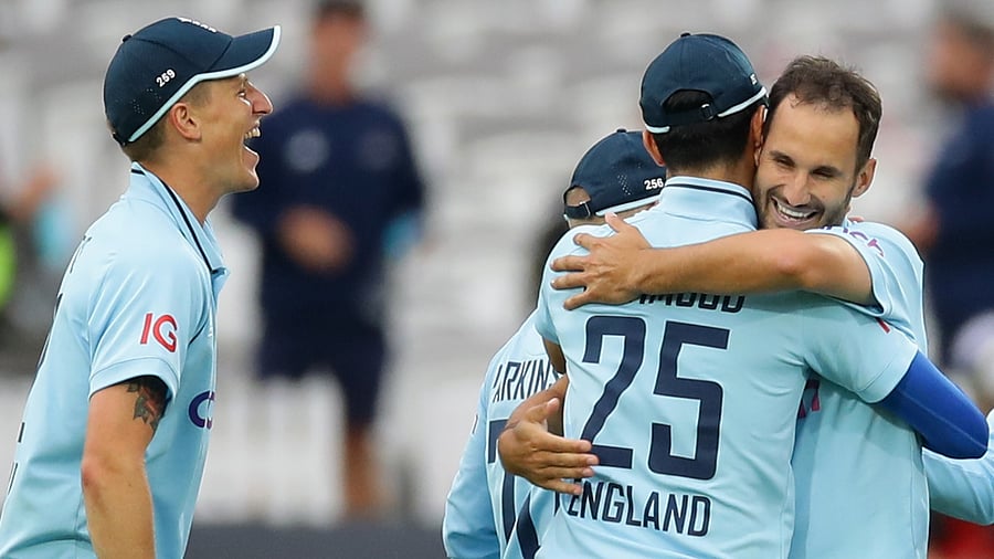 England's Lewis Gregory celebrates after taking a wicket of Pakistan's Haris Rauf to win the match. Credit: Reuters Photo