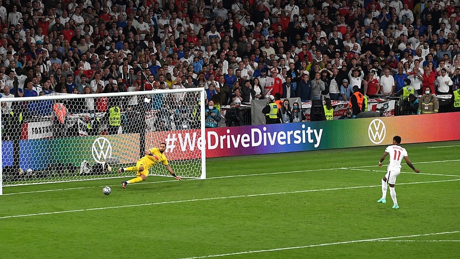 Rashford misses a penalty during the shoot-out. Credit: Reuters Photo