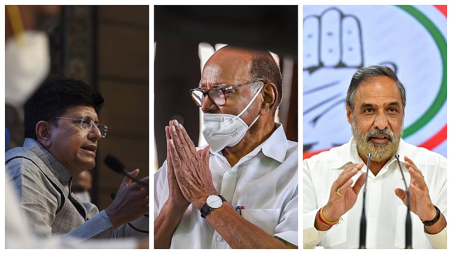 Rajya Sabha leader of the House Piyush Goyal, NCP supremo Sharad Pawar and Congress leader Anand Sharma. Credit: PTI Photos