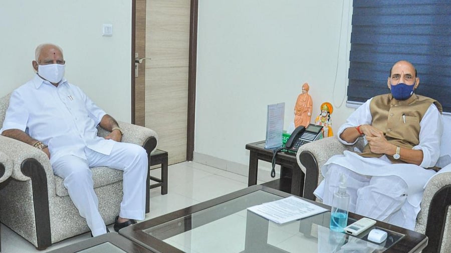 Karnataka Chief Minister B S Yediyurappa meets Defence Minister Rajnath Singh in New Delhi, Saturday, July 17, 2021. Credit: PTI Photo
