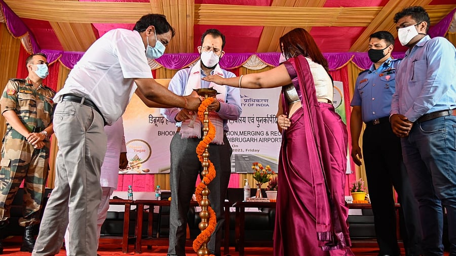 The Bhoomi Pujan of the extension, merging, re-carpeting of runway project at Dibrugarh Airport. Credit: Twitter/@AAI_Official