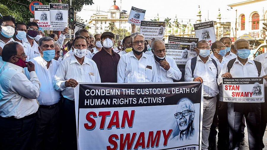 <div class="paragraphs"><p>File photo of lawyers of All India Lawyers Unit (AILU) during an agitation to condemn the custodial death of civil rights activist Father Stan Swami in Kolkata.</p></div>