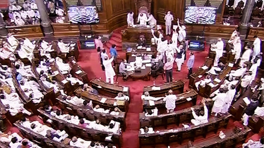 Parliamentarians in the Rajya Sabha, on the first day of the Monsoon Session of Parliament, in New Delhi, Monday, July 19, 2021. Credit: PTI Photo
