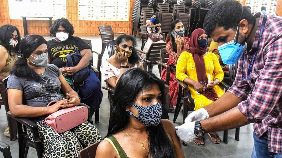 Transgenders receive Covid-19 vaccine dose at a vaccination centre in Kochi, Wednesday, Credit: PTI Photo