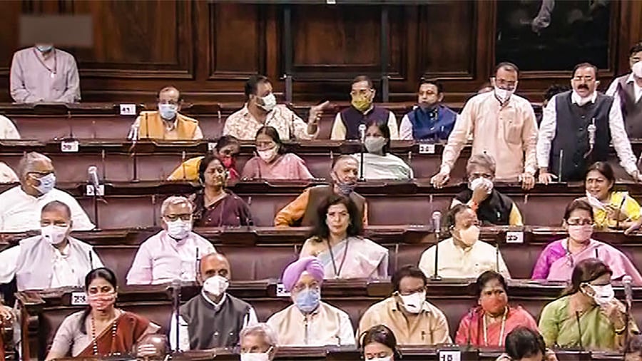 Ministers and Members in the Rajya Sabha during the Monsoon Session of Parliament, in New Delhi. Credit: PTI Photo