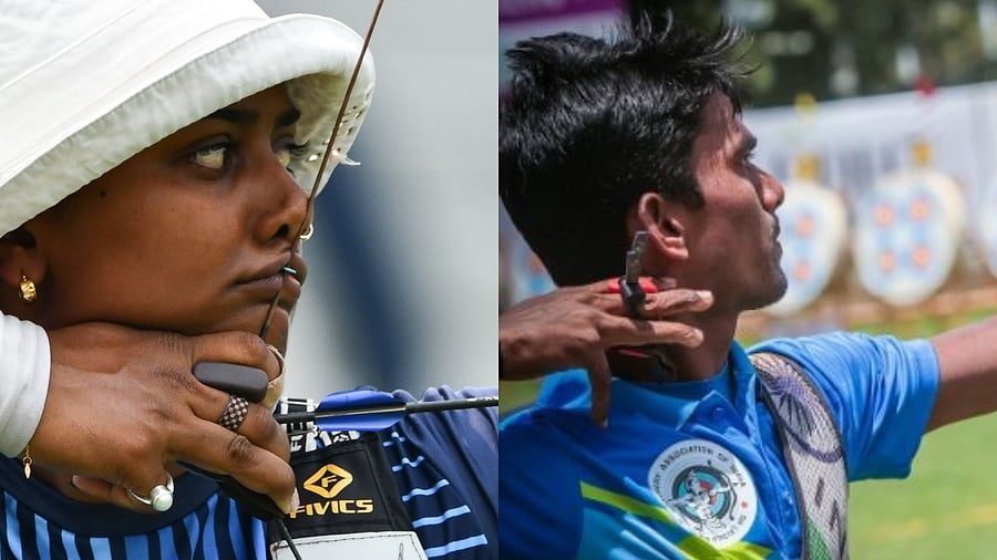 Indian archers Deepika Kumari (L) and Pravin Jadhav. Credit: AFP, Twitter/@pravinarcher
