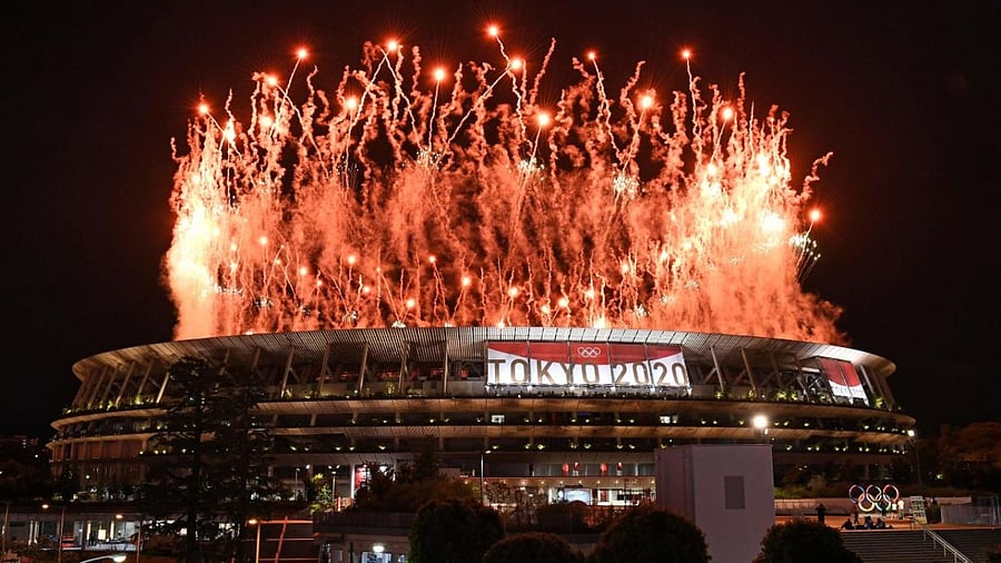 Fireworks light up the sky over the Olympic Stadium during the opening ceremony of the Tokyo 2020 Olympic Games, in Tokyo. Credit: AFP Photo