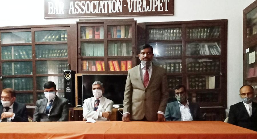 District Legal Services Authority secretary N Subramanya during a preparatory meeting heldat Virajpet Bar Association. Credit: special arrangement