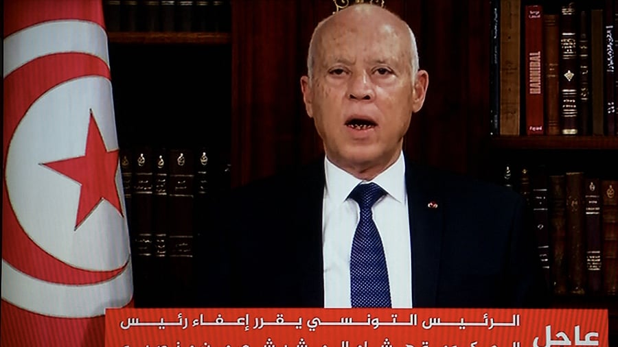 In a photo taken from the television station of President Kais Saied, Presidnet Saied announces, the dissolution of parliament and Prime Minister Mechichi's government on July 25, 2021 at Carthage Palace after a day of nationwide protest. Credit: AFP Photo