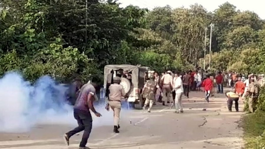 Police personnel during a clash at Assam-Mizoram border at Lailapur in Cachar district, Monday, July 26, 2021. Credit: PTI Photo