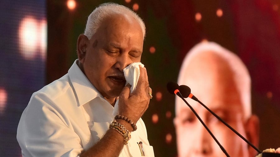 Chief Minister B S Yediurappa express grief during addressing program of Government 2nd year anniversary at the Vidhana Soudha in Bengaluru on Monday. Credit: DH Photo/BK Janardhan