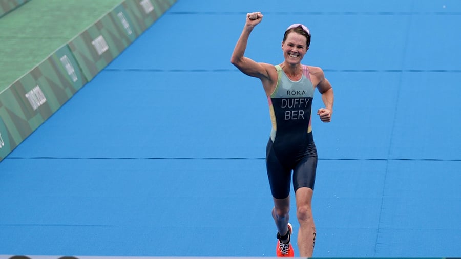 Flora Duffy of Bermuda celebrates victory. Credit: Reuters photo