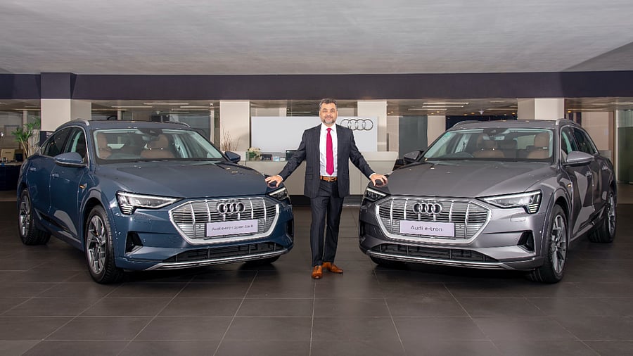 Audi India Head Balbir Singh Dhillon with the e-tron. Credit: DH Photo