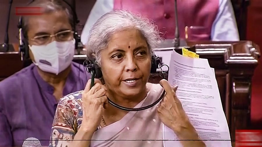Union Finance Minister Nirmala Sitharaman speaks in the Rajya Sabha during the Monsoon Session of Parliament, in New Delhi, Thursday, July 29, 2021. Credit: PTI Photo