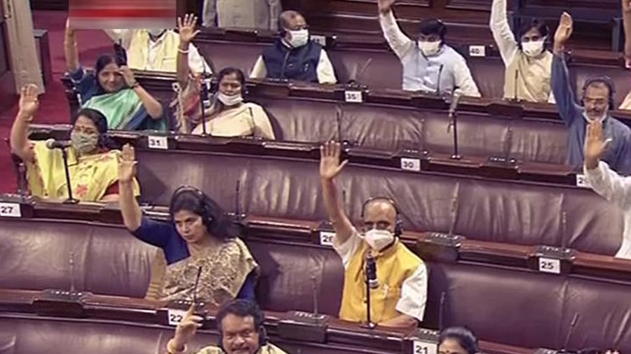 Parliamentarians in the Rajya Sabha during the Monsoon Session of Parliament, in New Delhi, Friday, July 30, 2021. Credit: PTI Photo