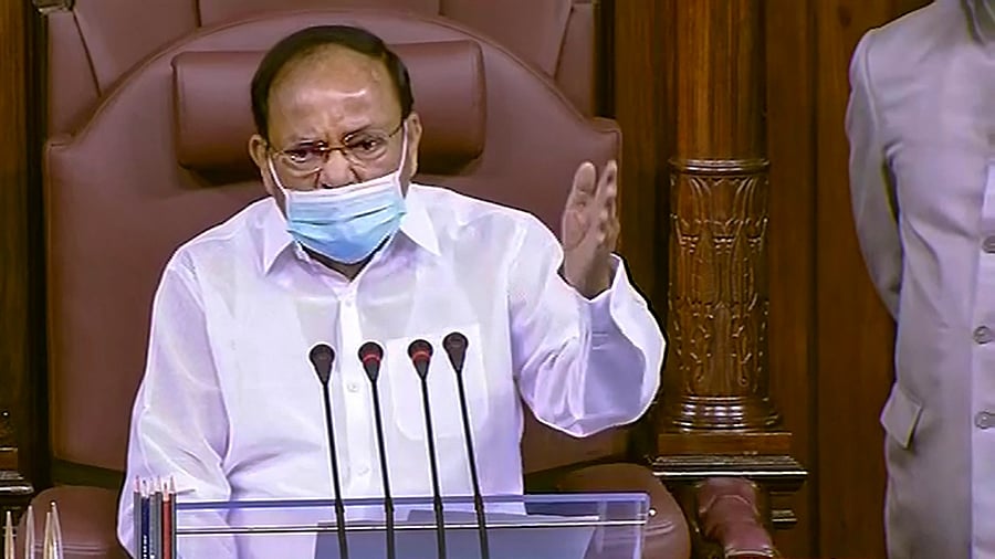 Venkaiah Naidu conducts proceedings of the House. Credit: PTI Photo