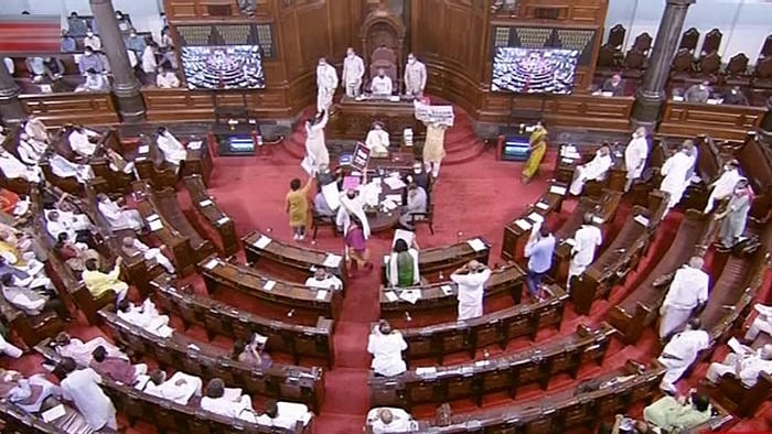 Parliamentarians in the Rajya Sabha during the Monsoon Session of Parliament, in New Delhi, Friday, July 30, 2021. Credit: RSTV/PTI Photo