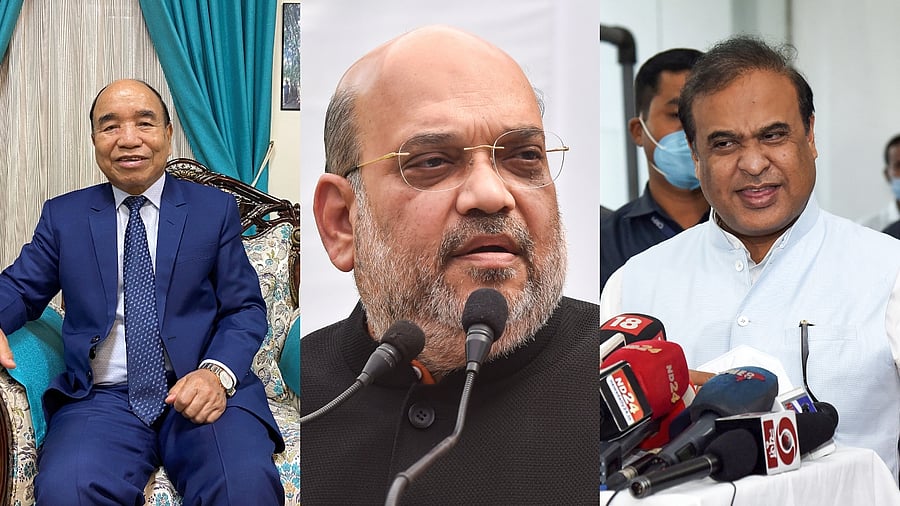 Mizoram CM Zoramthanga, Union Home Minister Amit Shah and Assam Chief Minister Himanta Biswa Sarma. Credit: PTI/Reuters File Photo