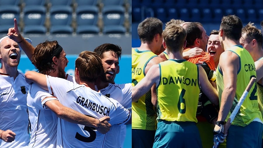 The German (L) and Australian men's hockey teams celebrate their quarterfinal wins in the Tokyo Olympics. Credit: Reuters Photos