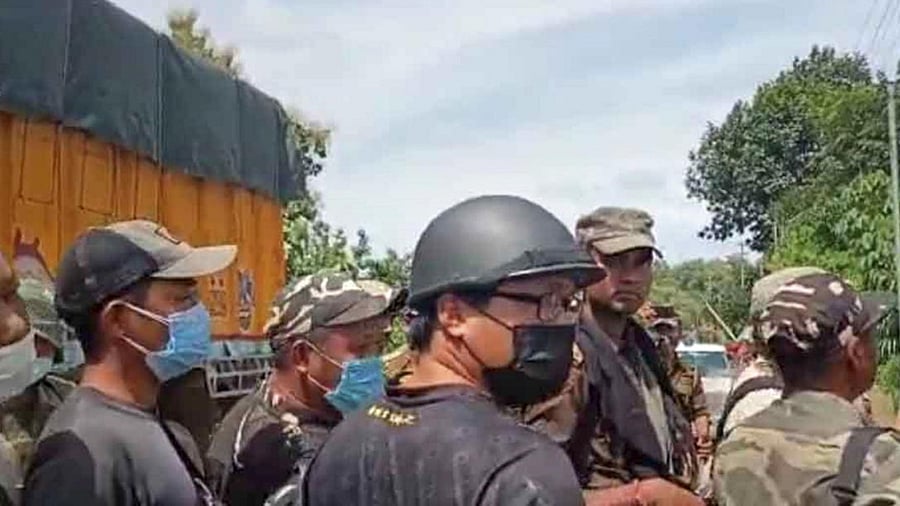 Police personnel during a clash at Assam-Mizoram border at Lailapur in Cachar district, Monday, July 26, 2021. 6 police personnel died and many were injured. Credit: PTI Photo