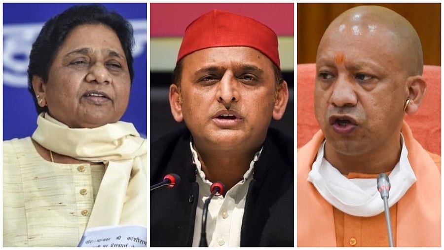 BSP chief Mayawati, SP supremo Akhilesh Yadav, BJP leader and UP CM Yogi Adityanath. Credit: PTI Photos
