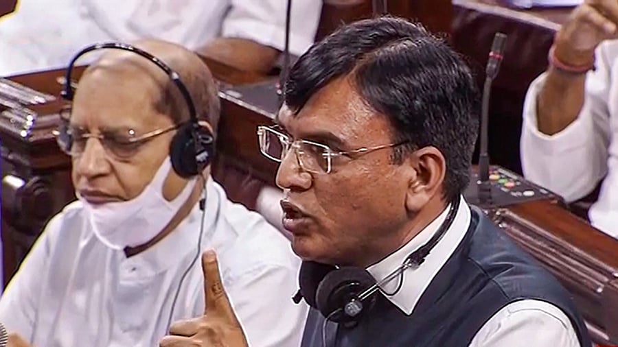 Health Minister Mansukh L Mandaviya speaks in the Rajya Sabha, during the Monsoon Session of Parliament. Credit: PTI Photo