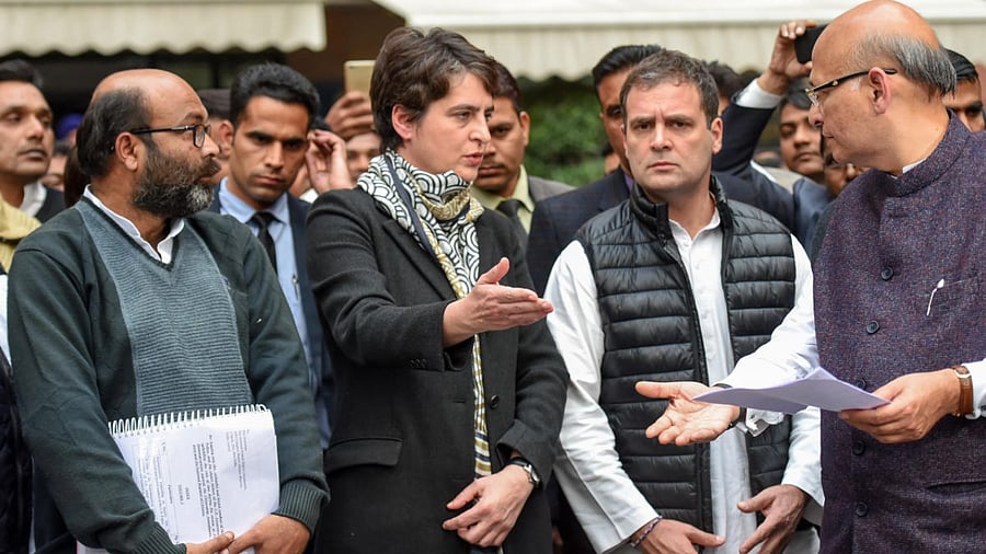 Congress leaders Abhishek Manu Singhvi, Rahul Gandhi, party General Secretary Priyanka Gandhi Vadra, Uttar Pradesh Congress Committee President Ajay Kumar Lallu and others. Credit: PTI File Photo