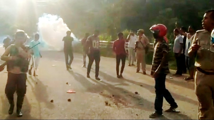 Police during a clash at Assam-Mizoram border at Lailapur in Cachar district. Credit: PTI Photo