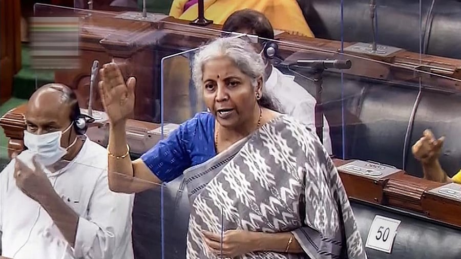 Union Finance Minister Nirmala Sitharaman speaks in the Lok Sabha during the Monsoon Session of Parliament. Credit: PTI Photo