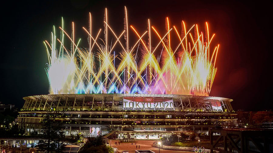 Fireworks illuminate over National Stadium during the closing ceremony of the 2020 Tokyo Olympics. Credit: AP Photo