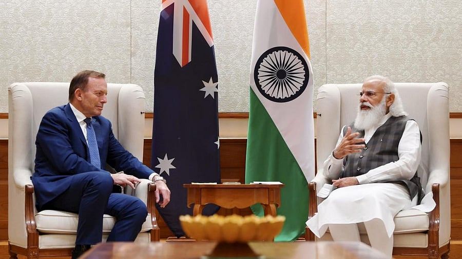 Prime Minister Narendra Modi with former Australian prime minister Tony Abbott during a meeting, in New Delhi. Credit: Twitter Photo/@narendramodi