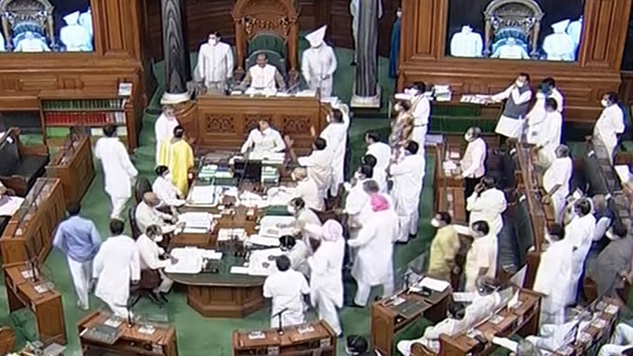 A view of the Lok Sabha during the Monsoon Session of Parliament, in New Delhi, Monday, August 9, 2021. Credit: LSTV/PTI Photo