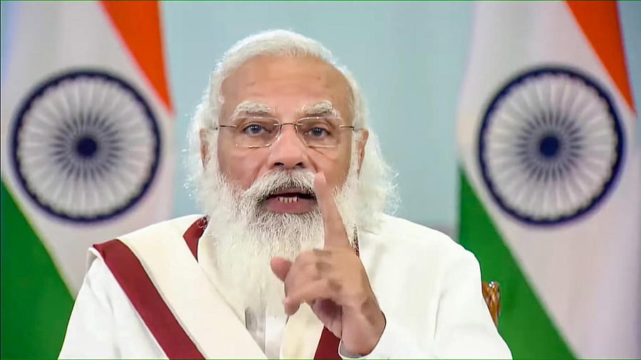 Prime Minister Narendra Modi addresses CII Annual Meeting 2021 on the theme 'India@75', via video conferencing, in New Delhi. Credit: PTI Photo