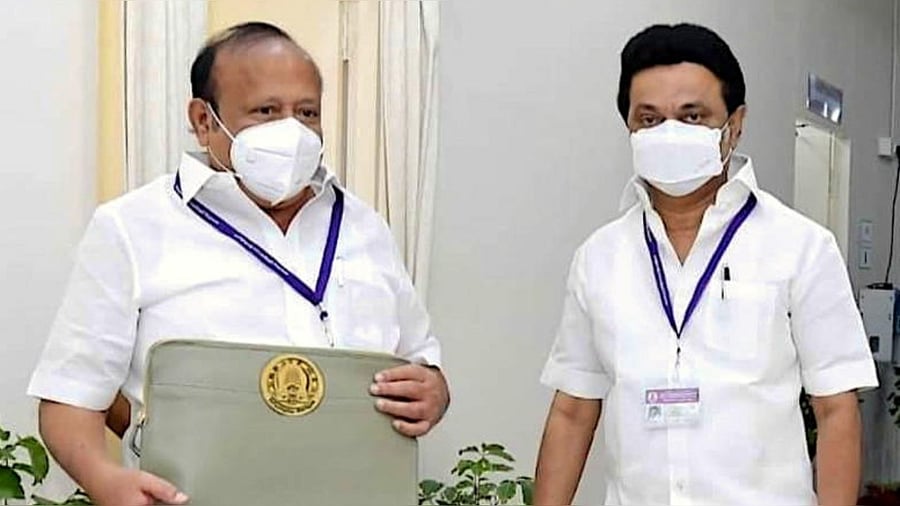 Tamil Nadu Chief Minister MK Stalin with Minister of Agriculture and Farmers Welfare MRK Panneerselvam before presentation of the agriculture Budget at Kalaivanar Arangam in Chennai, Saturday, Aug. 14, 2021. Credit: PTI Photo