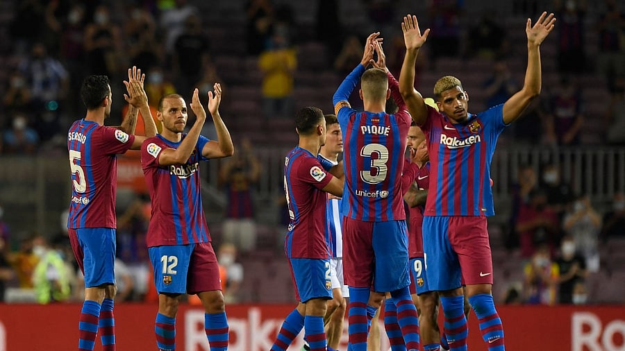 Martin Braithwaite (2nd from left) found the net in first half injury time and in the 59th minute. Credit: AFP Photo