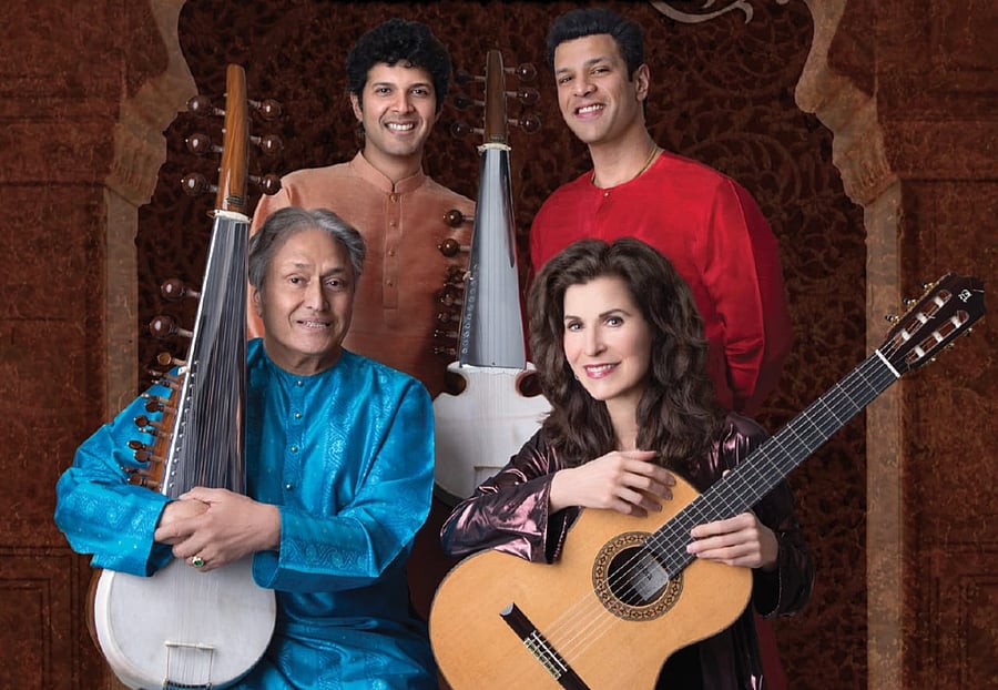 (Clockwise) Amaan Ali Bangash, Sharon Isbin, Ustad Amjad Ali Khan and Ayaan Ali Bangash.