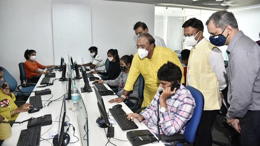 Forest Minister Arvind Limbavali who is also the nodal minister for Covid War Room and Covid helpline inaugurated the new helpline centre at Yeshwantpur. Credit: DH Photo