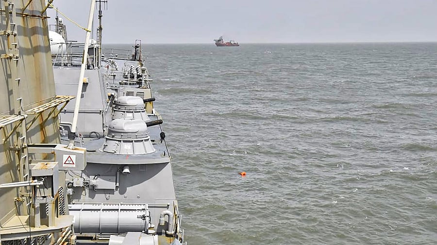 Indian Navy carries out the rescue and search operations for the missing crew members of the barge P305, off the Mumbai coast. Credit: PTI Photo