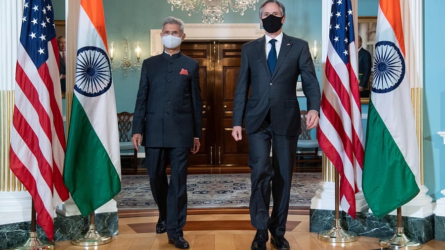 US Secretary of State Antony Blinken (R) and Indian External Affairs Minister Subrahmanyam Jaishankar arrive to speak to the media prior a meeting at the State Department in Washington, DC. Credit: Reuters Photo