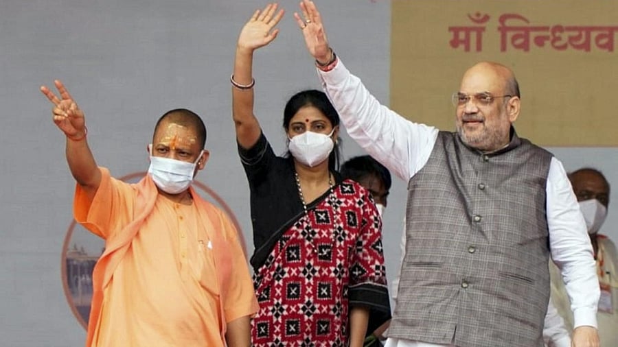 Union Home Minister Amit Shah with Uttar Pradesh Chief Minister Yogi Aditiyanath during laying the foundation stone of Maa Vidhyavasini Corridor and various other development projects in Mirzapur. Credit: PTI Photo