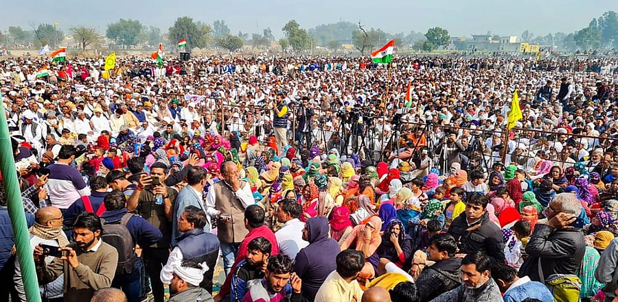 Farmers during 'Kisan Mahapanchayat' against the new farm laws, in Jind district. Credit: PTI Photo